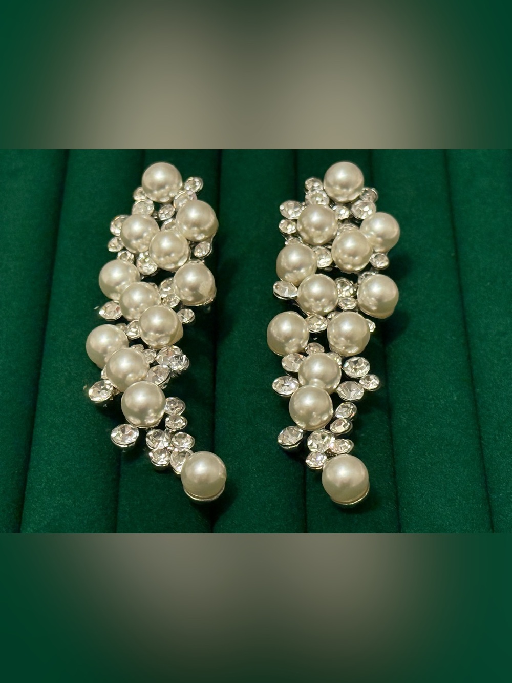 Bridal Faux Pearl Cascading  Long Statement Silvertone Earrings